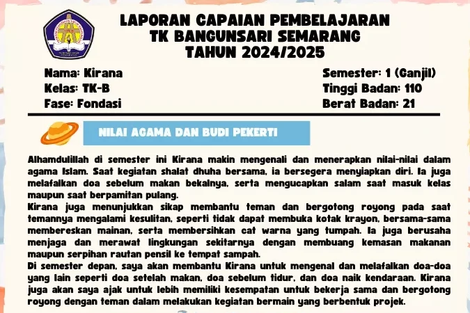 Contoh Narasi Raport TK Kurikulum Merdeka Semester 1 Lengkap